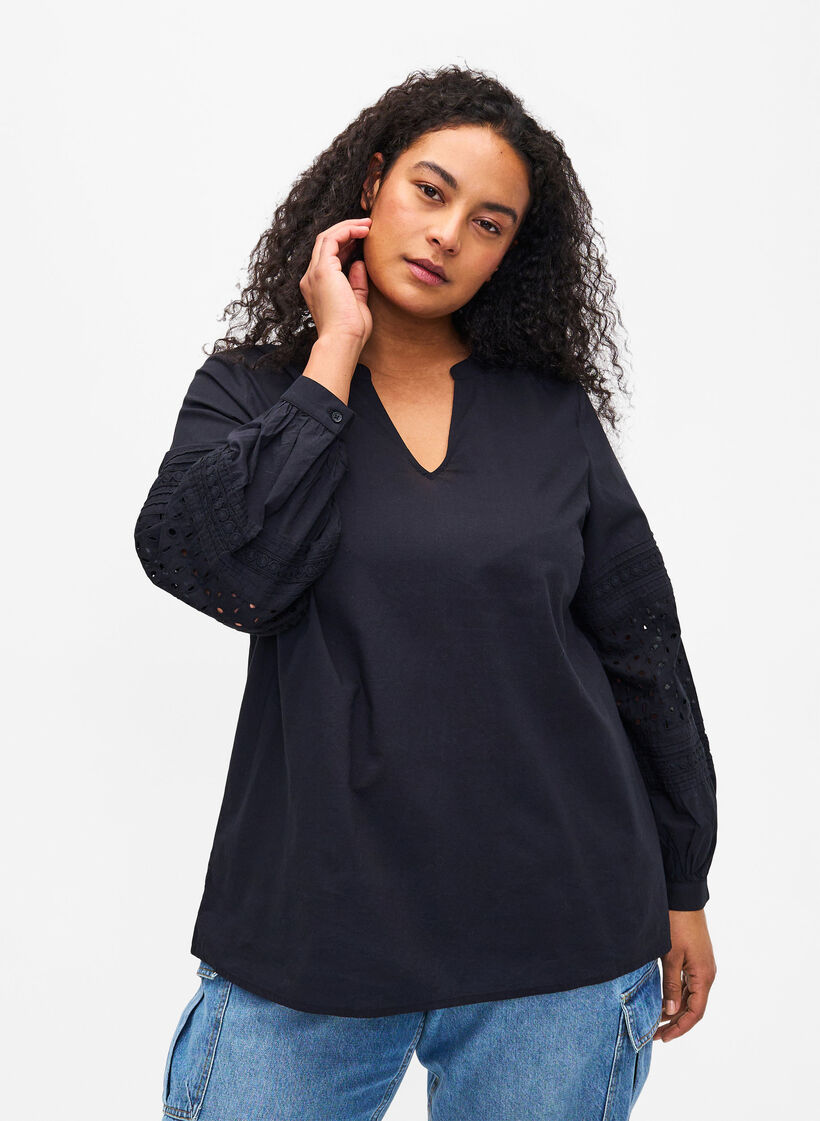 Bluse med lange ærmer og dekorative detaljer, Black, Model image number 0