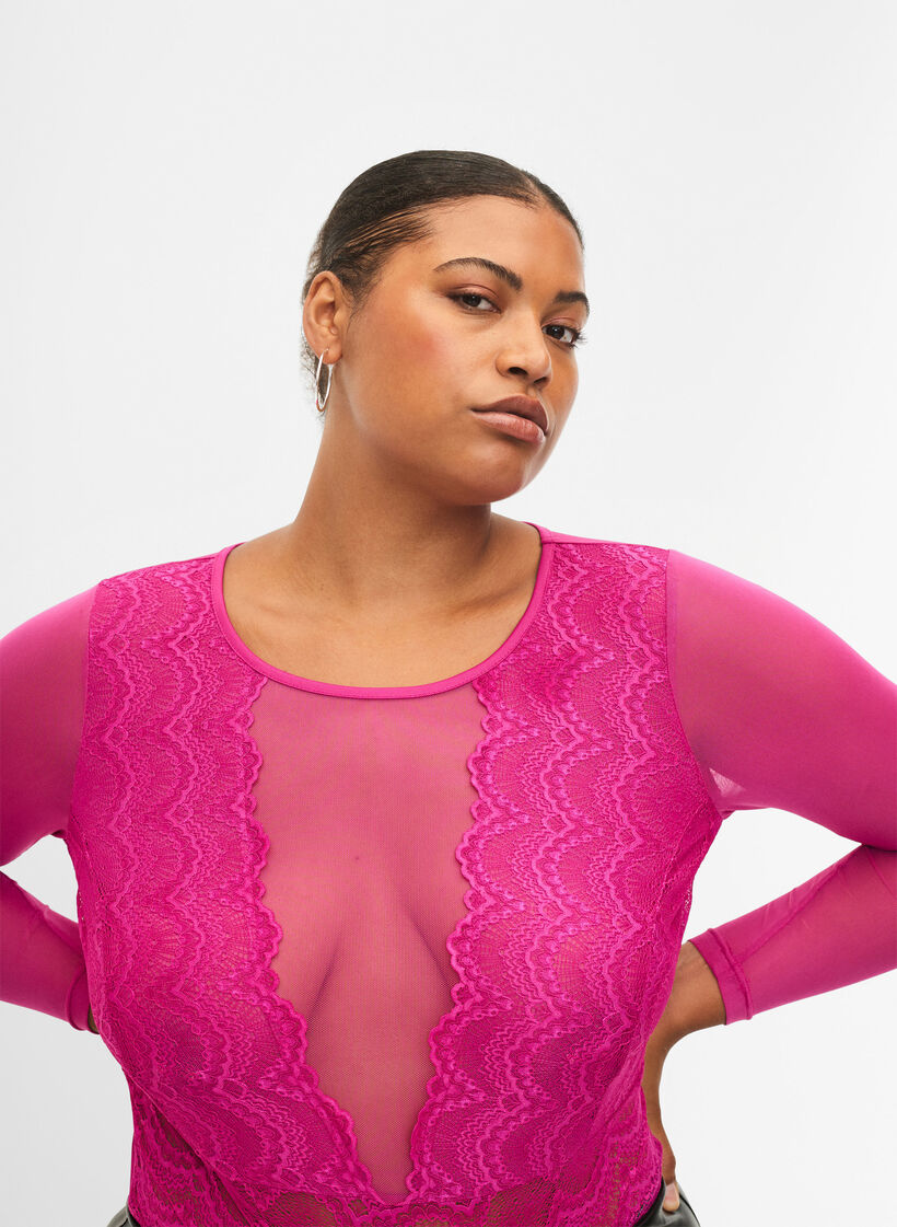 Bodystocking med blonder og mesh, Fuchsia Red, Model image number 2