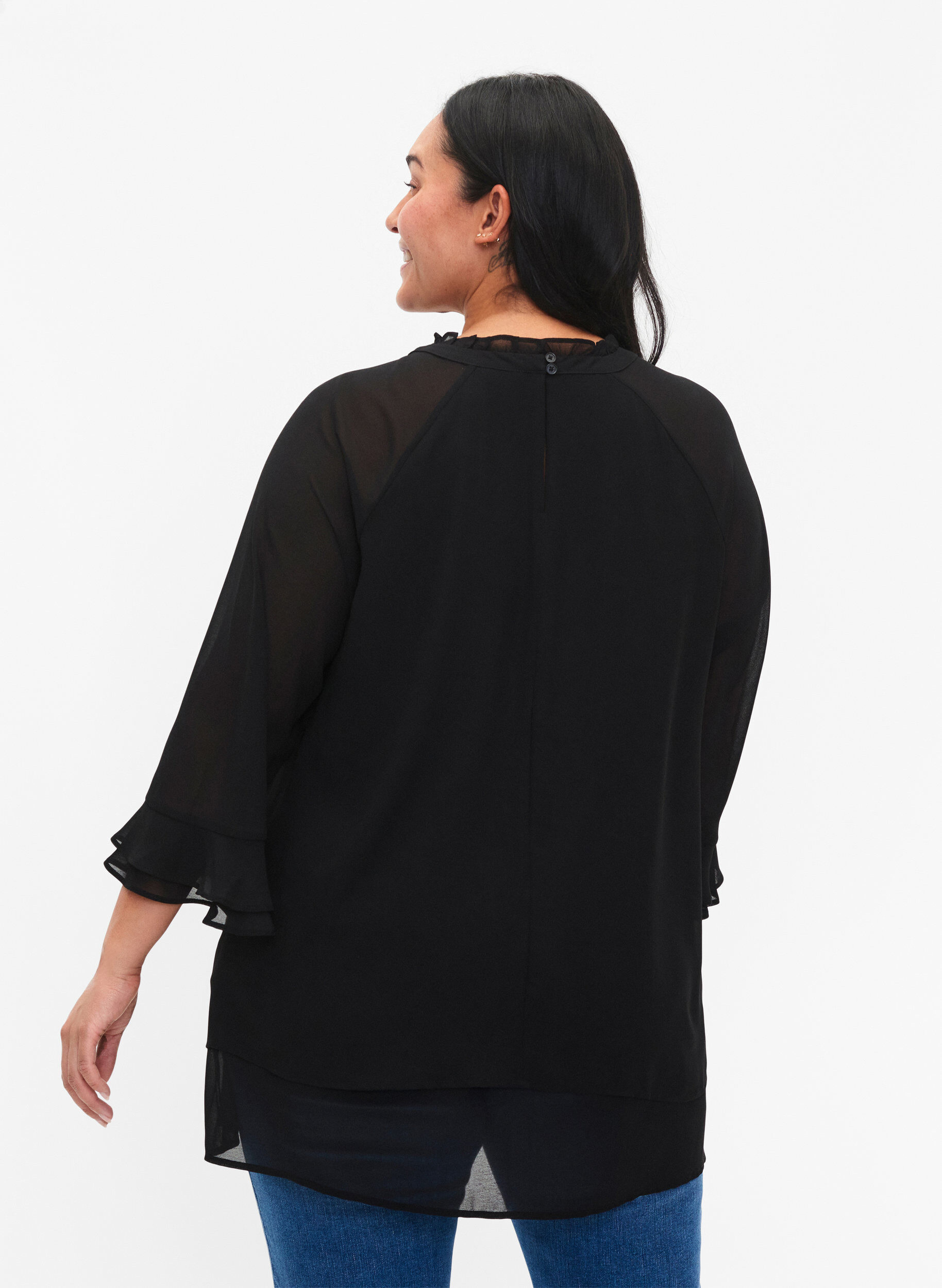 Zizzi Bluse med asymmetrisk bund og 3/4 &aelig;rmer, Black, Model image number 1