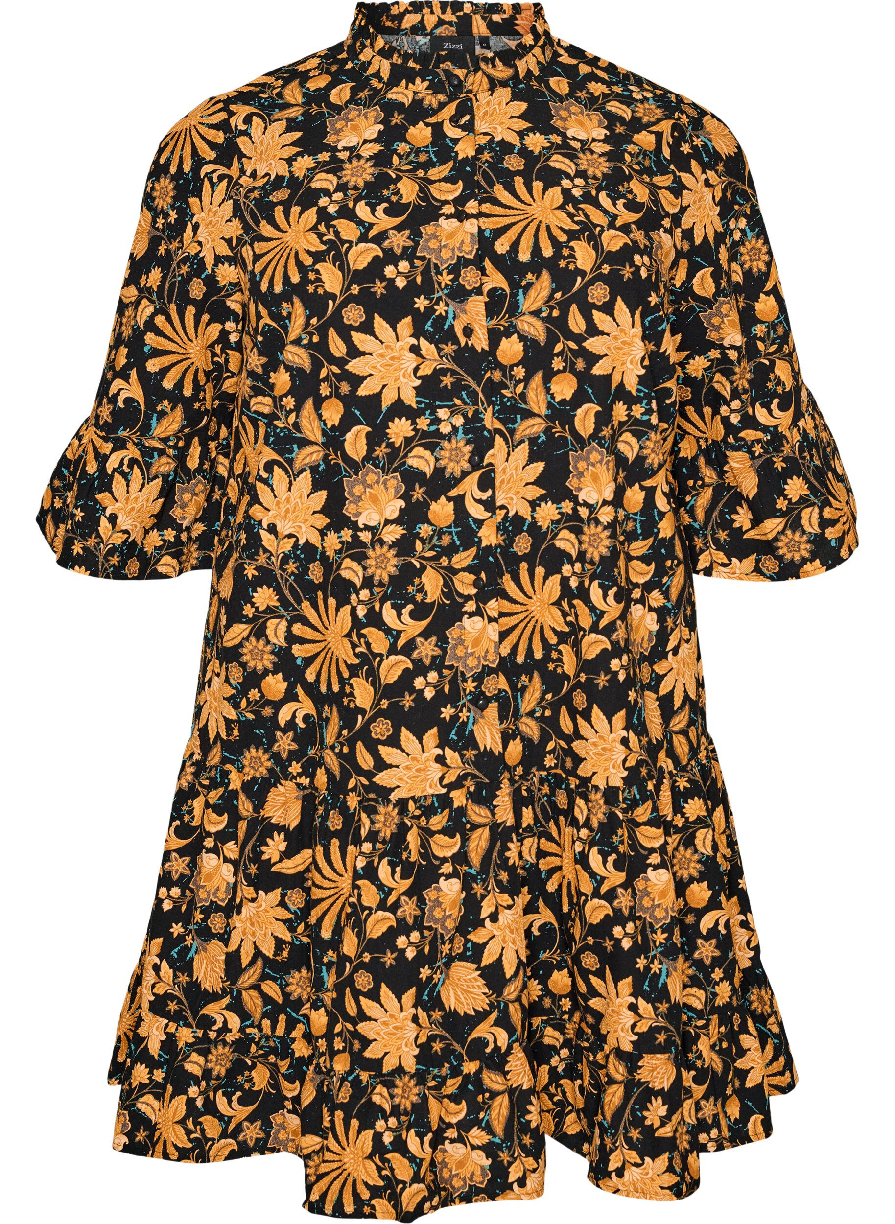 ZizziBlomstret bomuldskjole med fl&aelig;sedetaljer og l&oslash;s A-form, Orange, Packshot image number 0