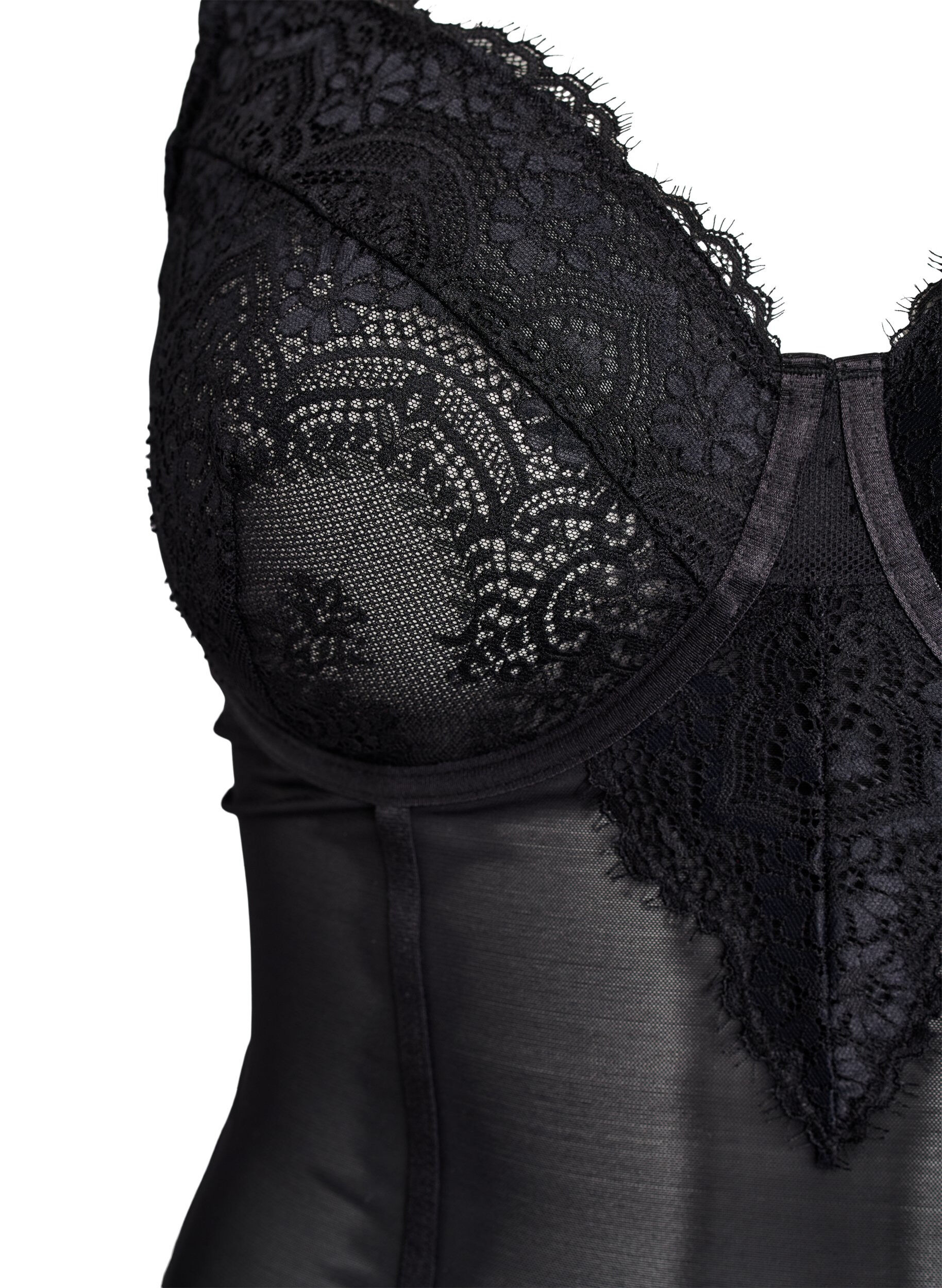 Zizzi Bodystocking i mesh med blonder og b&oslash;jle, Sort, Packshot image number 2