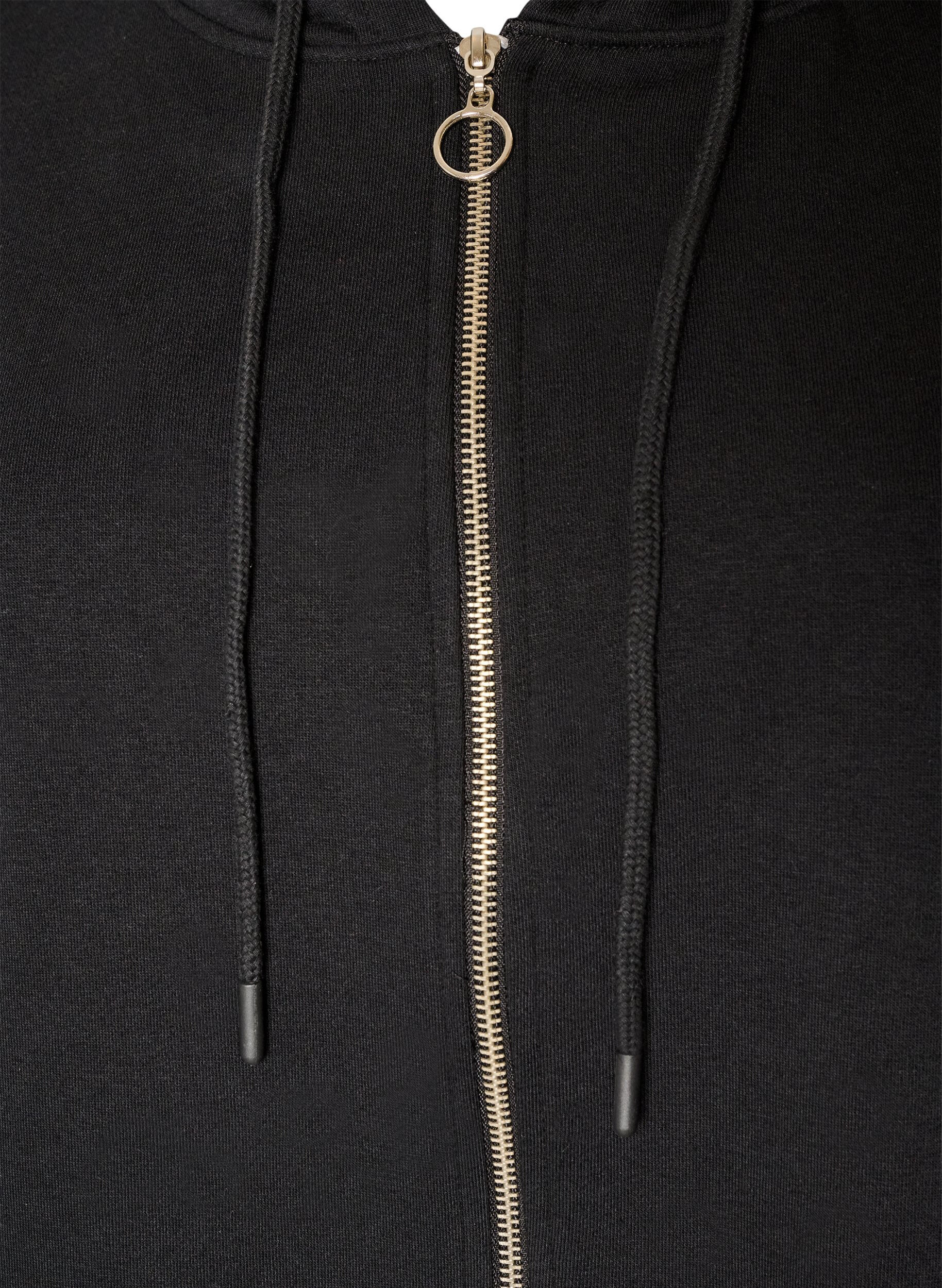 ZizziLang hoodie-cardigan med lynl&aring;s, Sort, Packshot image number 2