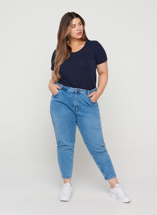 Cropped mom fit jeans med høj talje, Light blue denim, Model image number 0