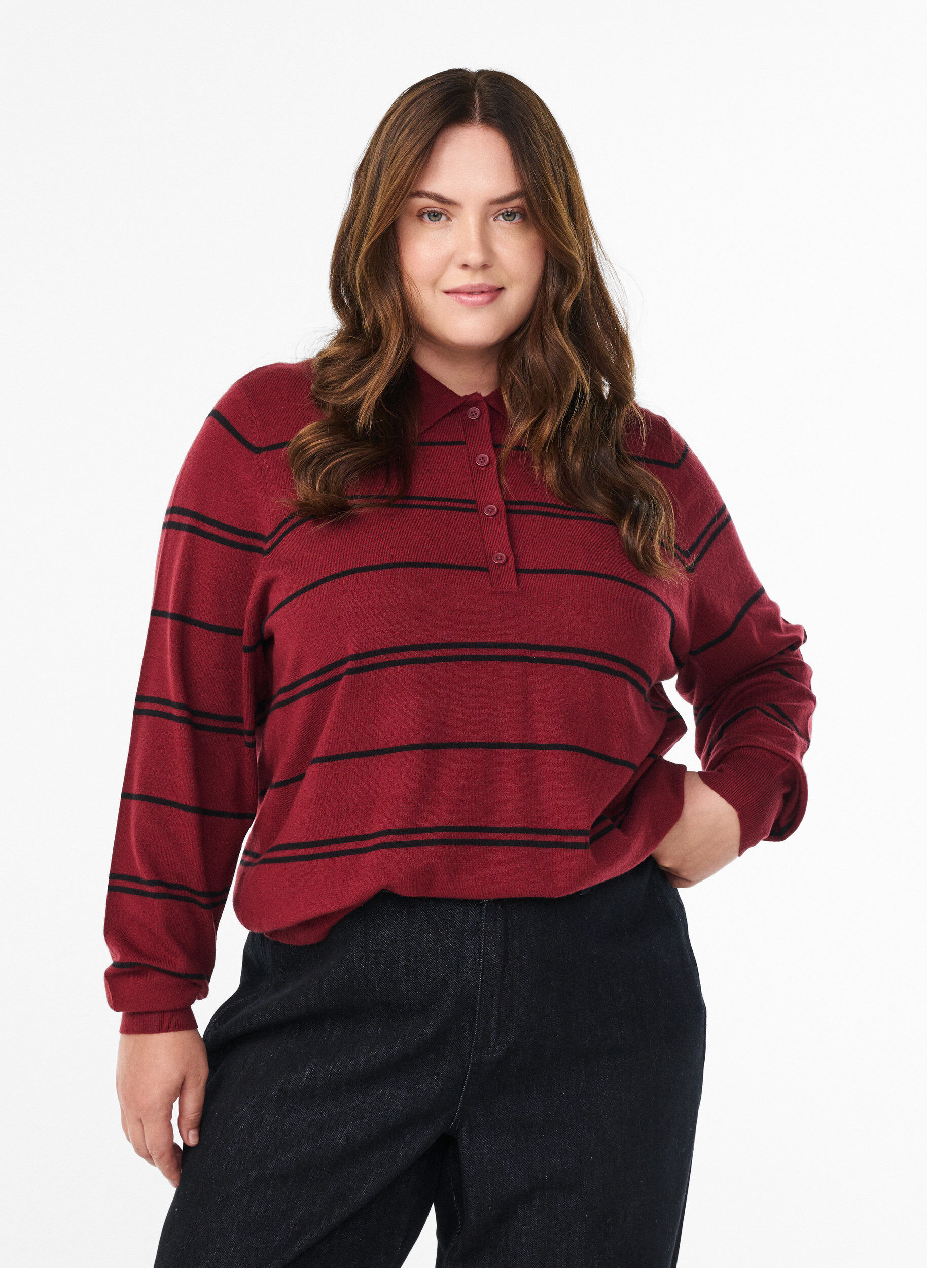 Strikbluse med polokrave, R&oslash;d, Model