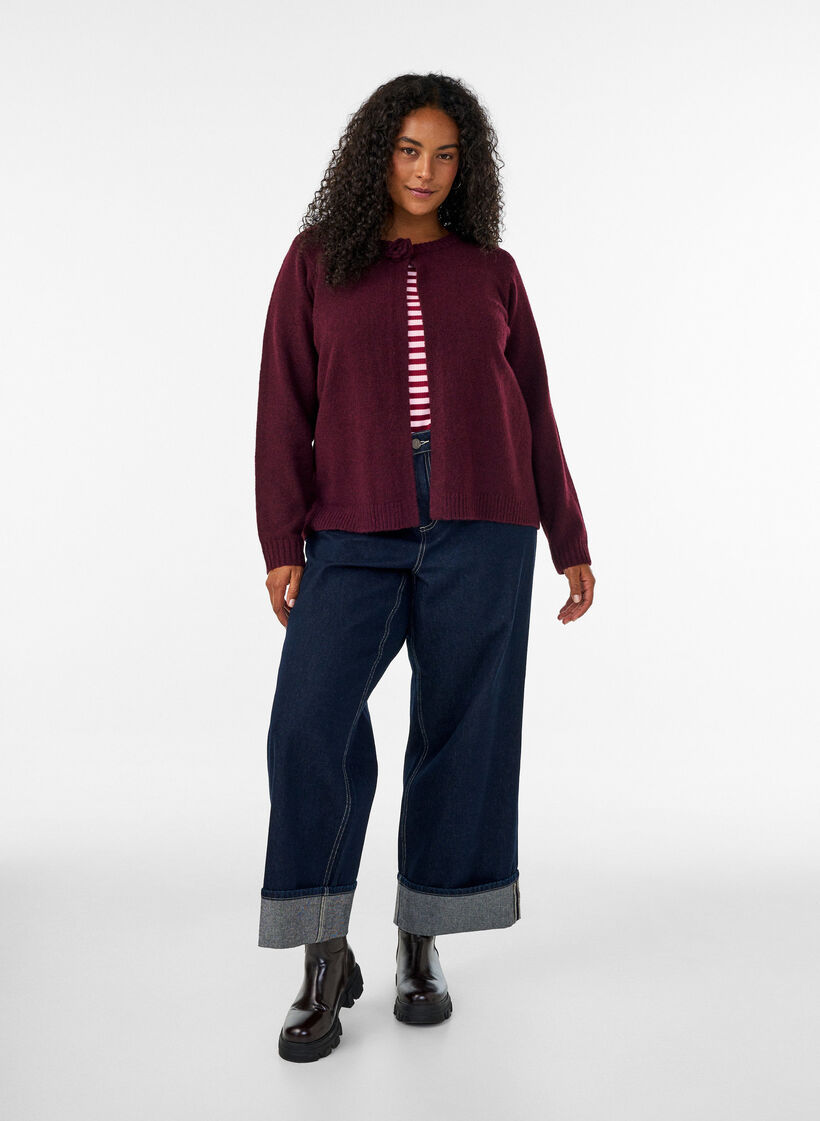 Strikket cardigan med blomsterdetalje, M&oslash;rk Bordeaux, Model image number 1