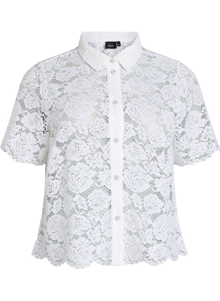 Skjortebluse i blonde med perleknapper, Hvid, Packshot image number 0