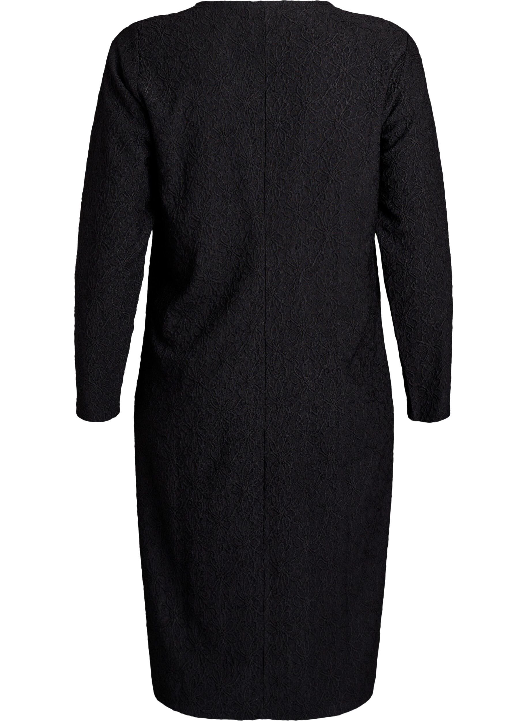 Zizzi Kjole med blomsterstruktur og lange &aelig;rmer, Sort, Packshot image number 1