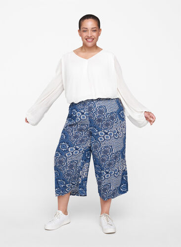 Printede culotte bukser i viskose, Asian Blue Print , Model image number 0