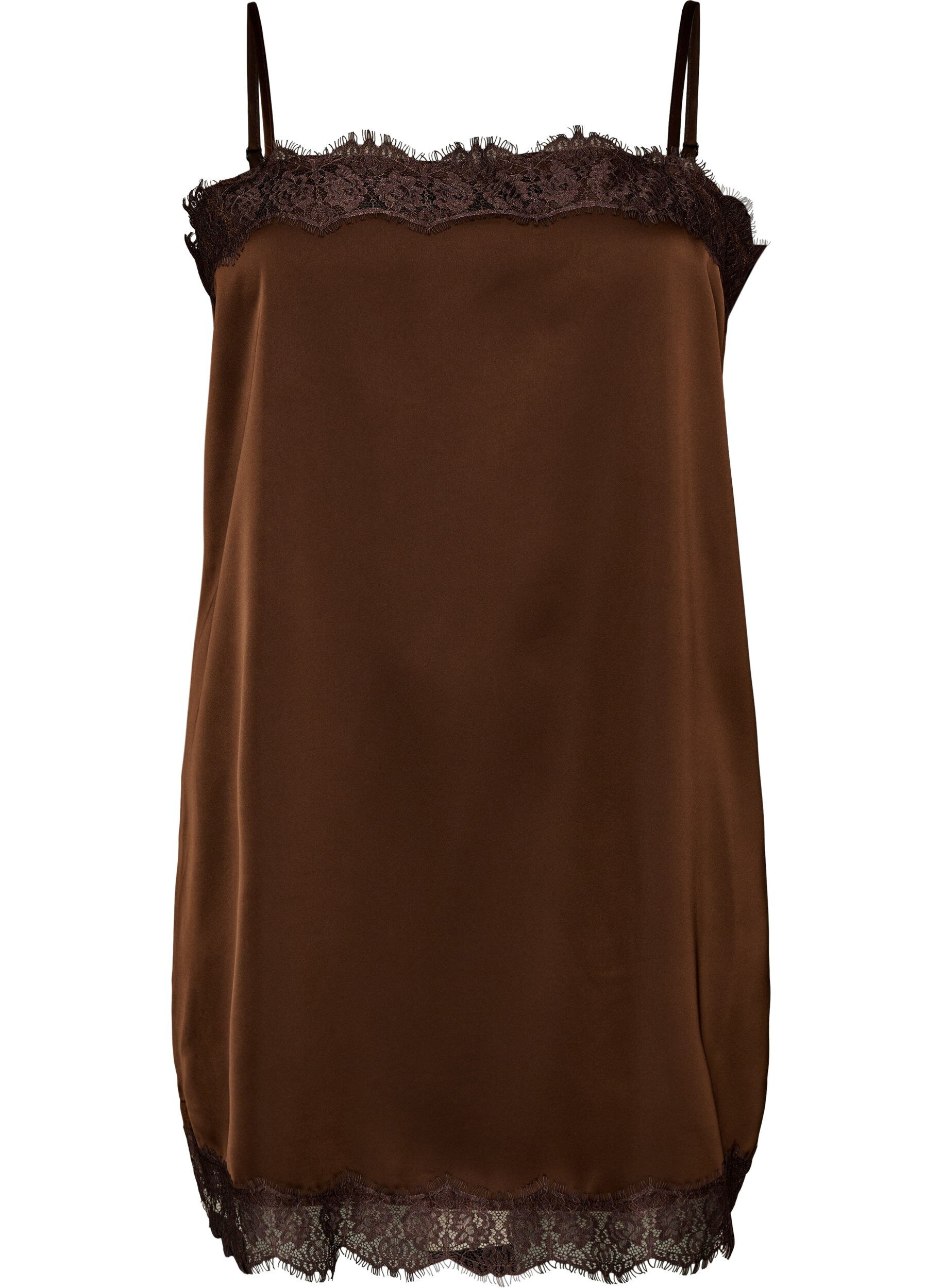 ZizziLang satintop med blondekanter, Brun, Packshot image number 0