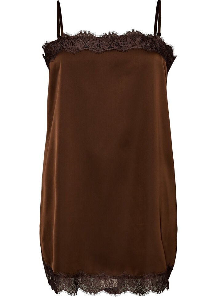 Lang satintop med blondekanter, Brun, Packshot image number 0