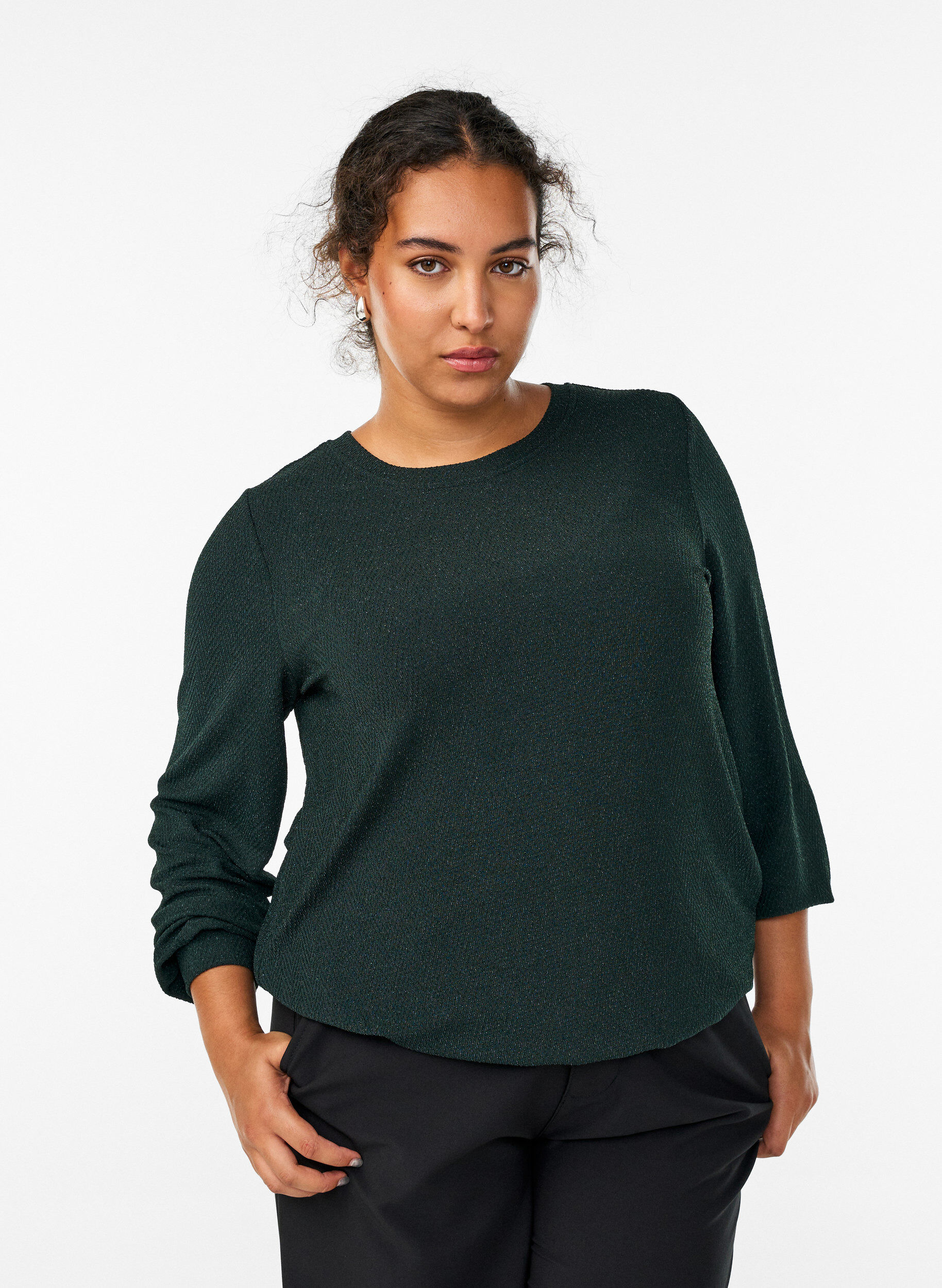 Bluse med sildebensm&oslash;nster og glittertr&aring;d, Gr&oslash;n, Model