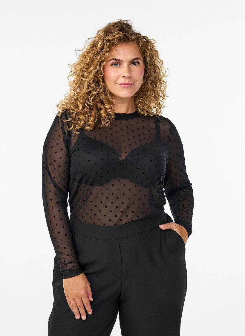 Mesh bluse med prikker, Sort, Model image number 0
