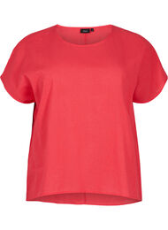 Kortærmet bluse i bomuldsmix med hør, Hibiscus