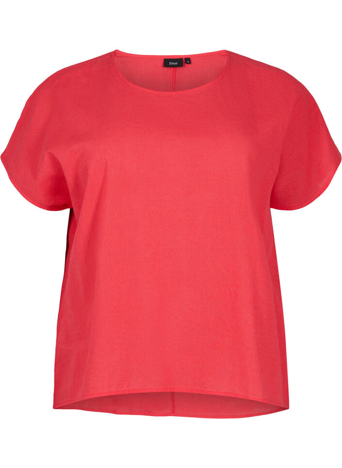 Kortærmet bluse i bomuldsmix med hør, Hibiscus, Packshot image number 0