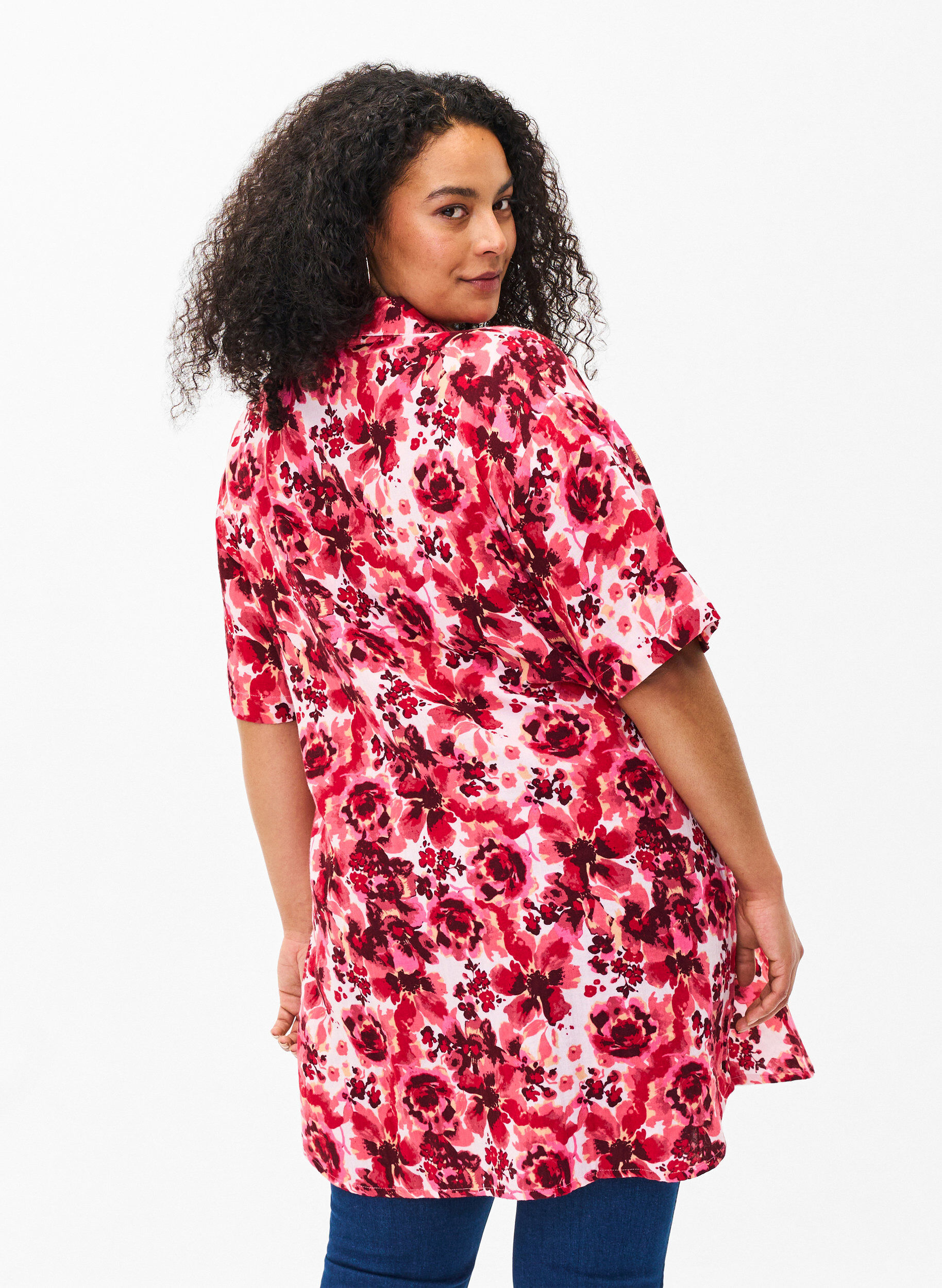 Zizzi Lang skjorte med all-over print, Pink AOP Flower, Model image number 1