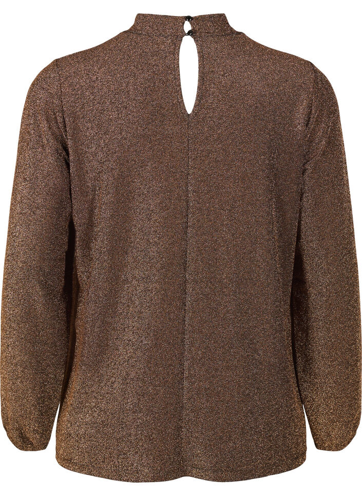 Langærmet glitterbluse med rund hals og v-detalje, Black Copper, Packshot image number 1