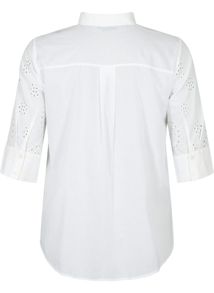 Skjortebluse med broderi anglaise og 3/4 ærmer, Bright White, Packshot image number 1