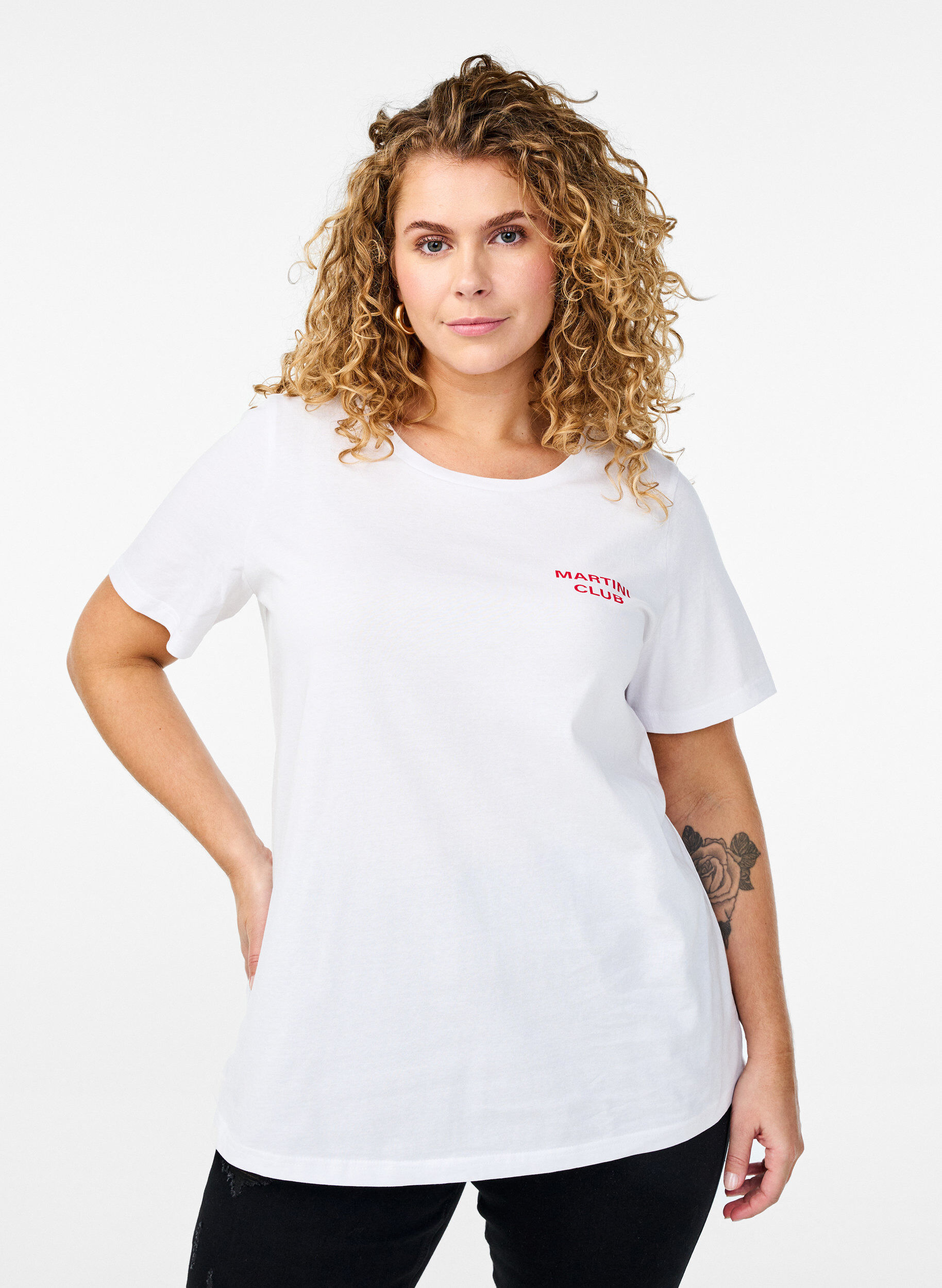 Zizzi T-shirt med printdetaljer foran og bagp&aring;, Hvid, Model image number 2