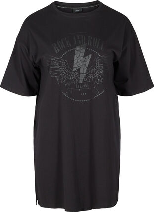 T-shirt kjole i bomuld med printdetaljer, Black w. Black, Packshot image number 0