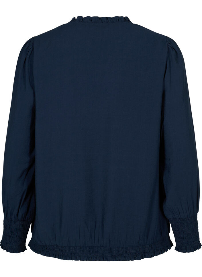 Viskosebluse med lange ærmer og smock, Navy Blazer, Packshot image number 1