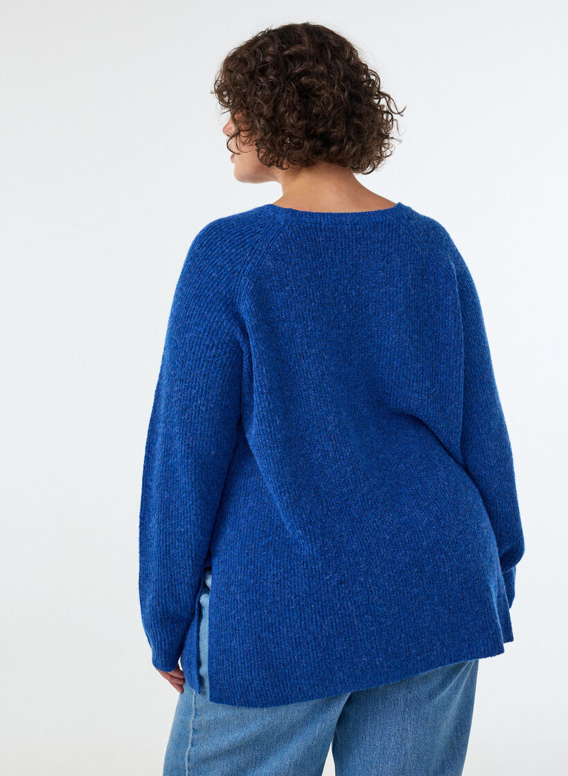 Strikbluse med diagonalt m&oslash;nster og raglan&aelig;rmer, Bl&aring;, Model image number 2