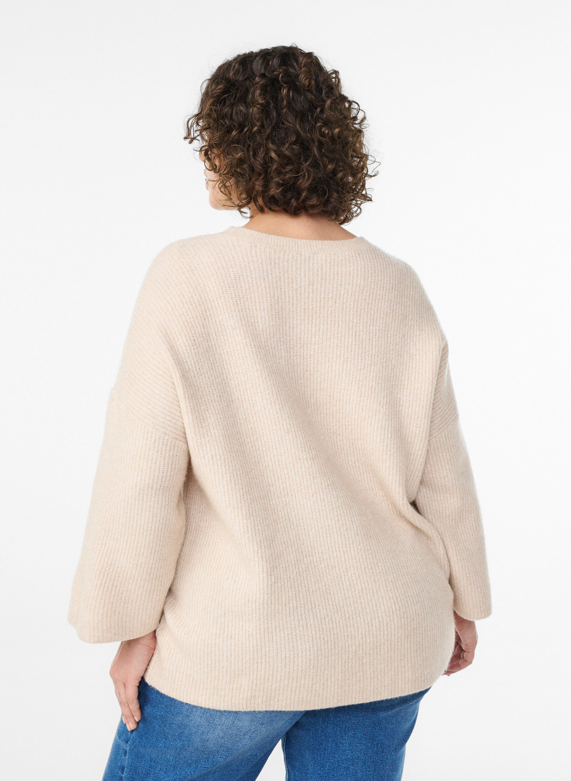 Zizzi L&oslash;s strikbluse med 3/4-&aelig;rmer, Beige, Model image number 2