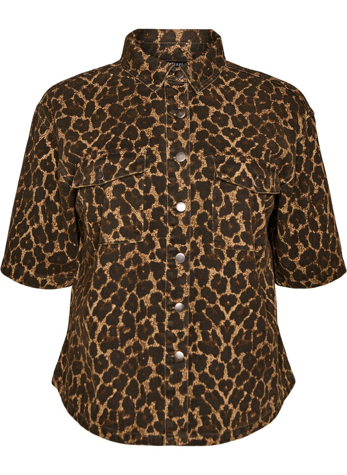 Denimskjorte med leopard m&oslash;nster og korte &aelig;rmer, Brun, Packshot image number 0
