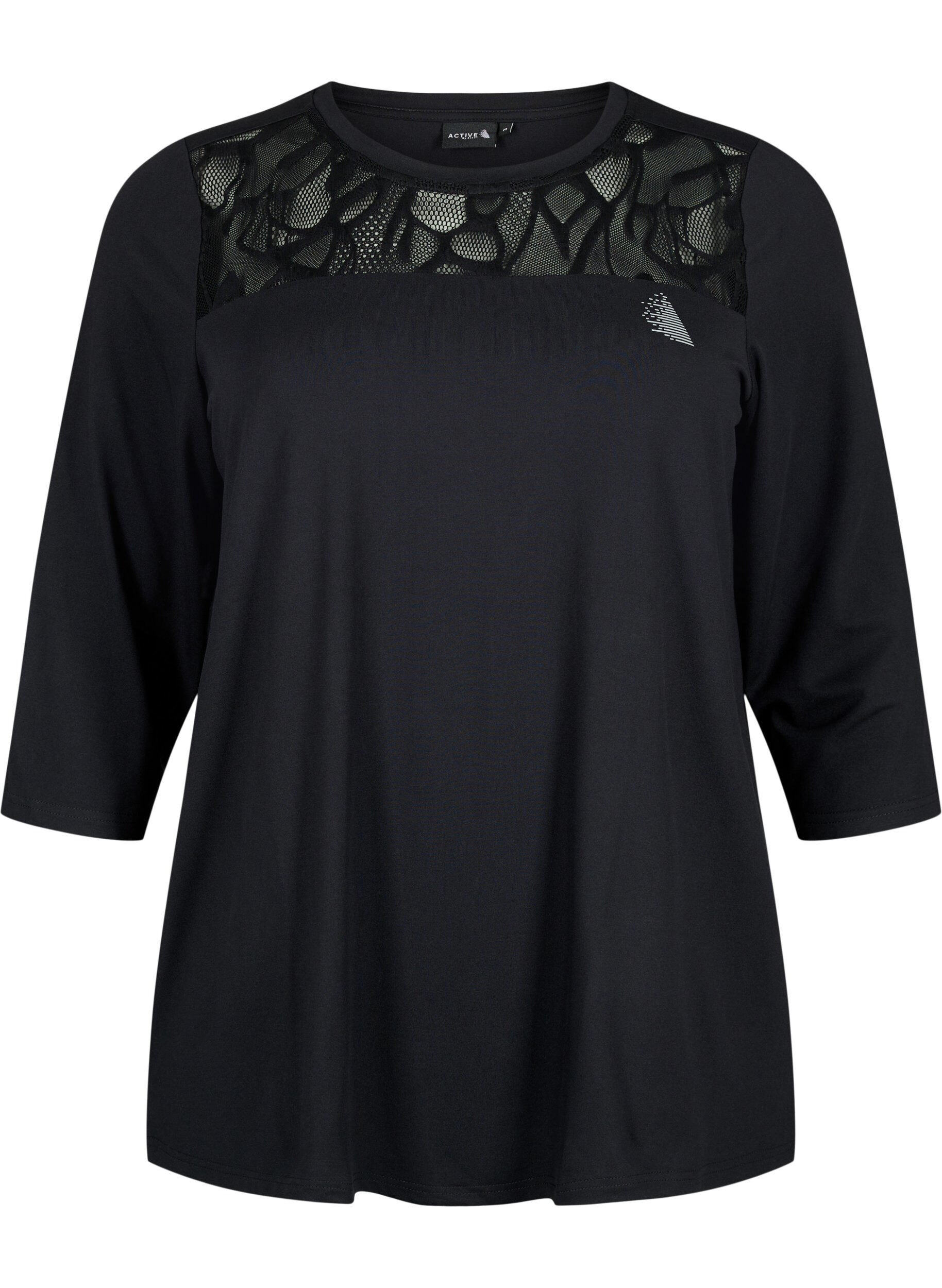 Zizzi Tr&aelig;nings t-shirt med 3/4 &aelig;rmer og m&oslash;nstret mesh, Black, Packshot image number 0