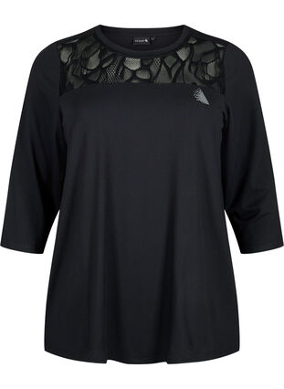 Trænings t-shirt med 3/4 ærmer og mønstret mesh, Black, Packshot image number 0