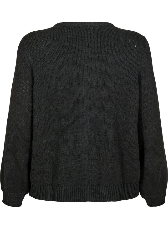 Strikcardigan med uld og knapper, Black Solid, Packshot image number 1