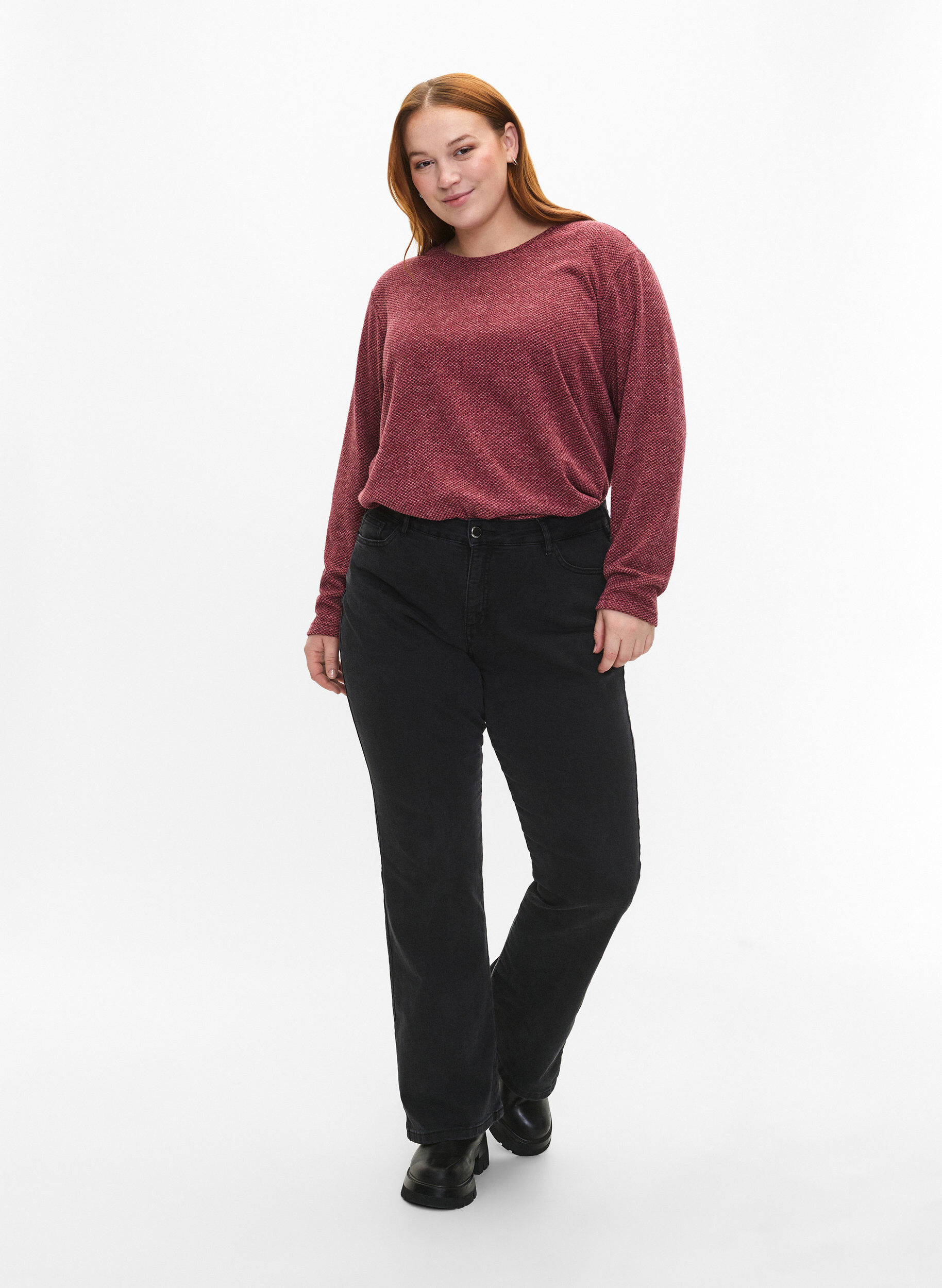 Zizzi Meleret bluse med rund hals og lange &aelig;rmer, Dry Rose, Model image number 2