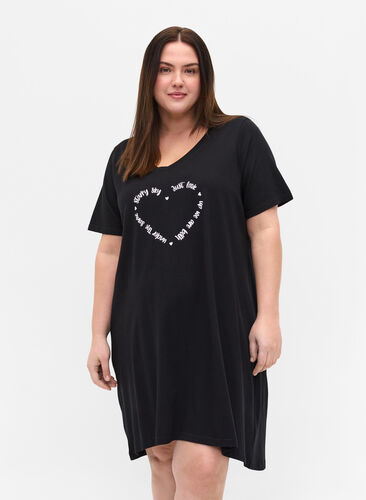 Kortærmet natkjole i bomuld, Black w. White HEART, Model image number 0