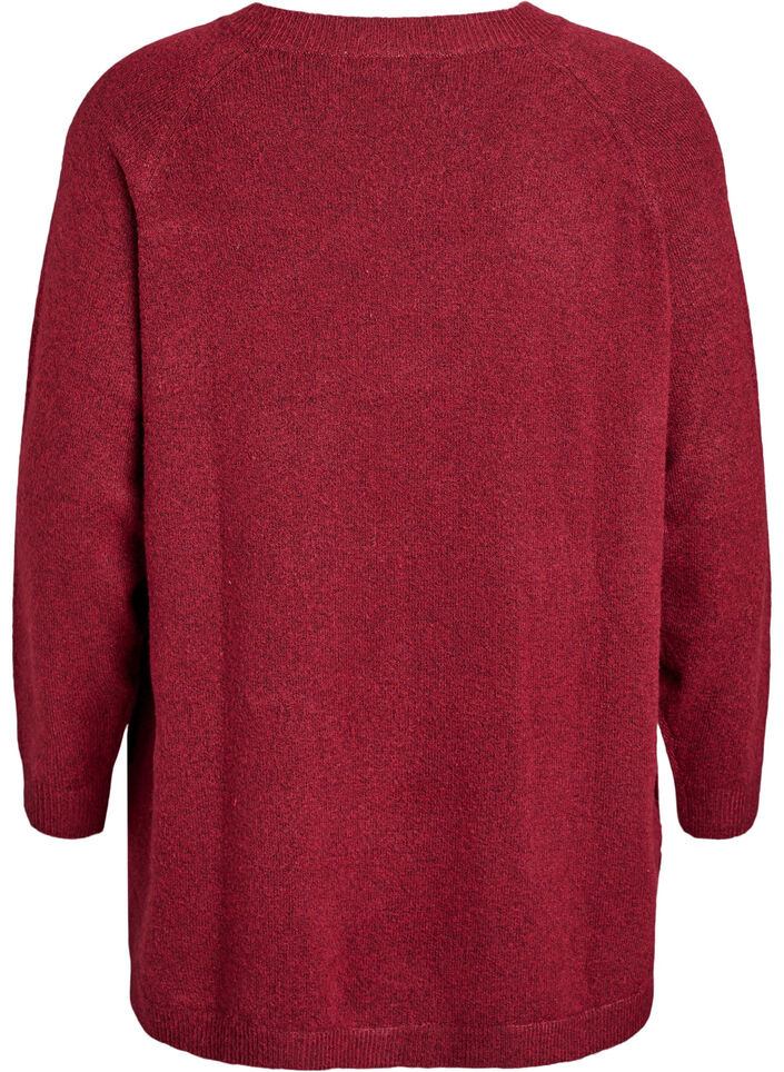 Lang strikbluse med kugleknapper, M&oslash;rk Bordeaux, Packshot image number 1