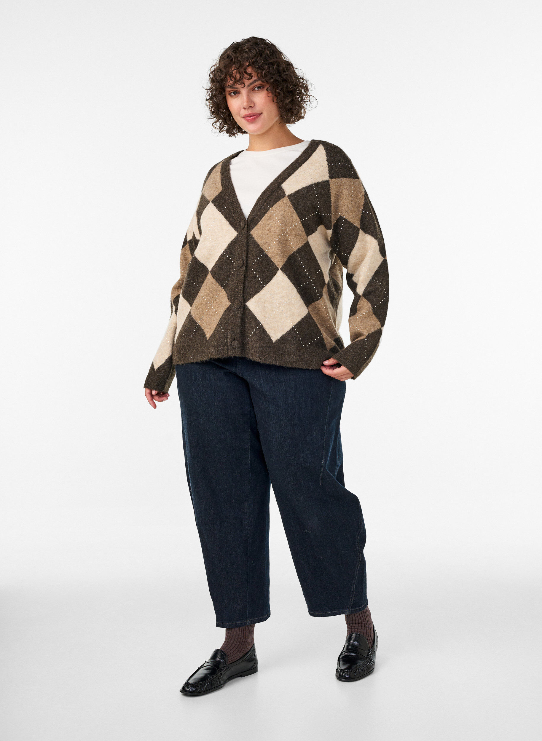ZizziCardigan med argylem&oslash;nster og rhinsten, Brun, Model image number 1