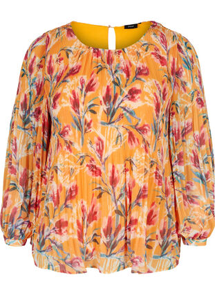 Blomstret bluse i plissé , Cadmium Yellow AOP, Packshot image number 0