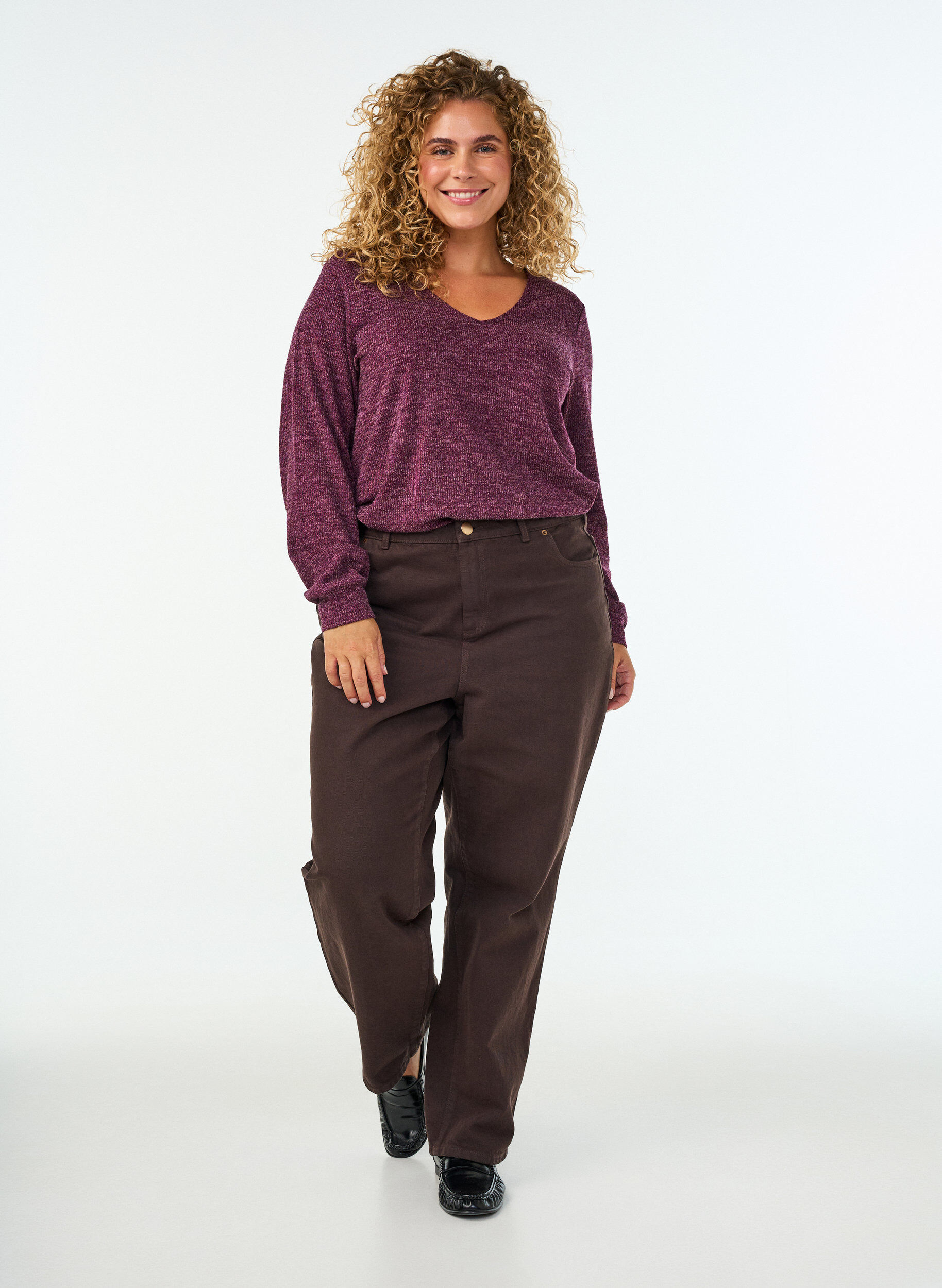ZizziJerseybluse med V-hals og lange &aelig;rmer, M&oslash;rk Bordeaux, Model image number 1