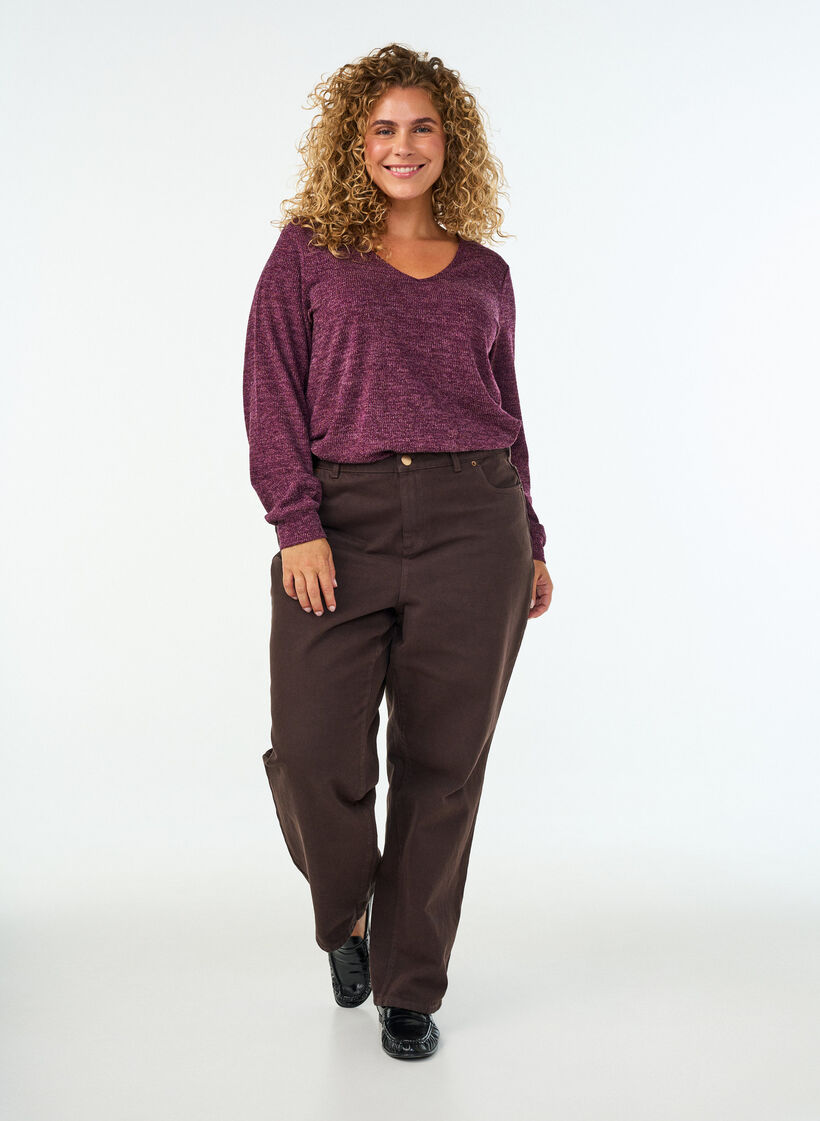 Jerseybluse med V-hals og lange &aelig;rmer, M&oslash;rk Bordeaux, Model image number 1