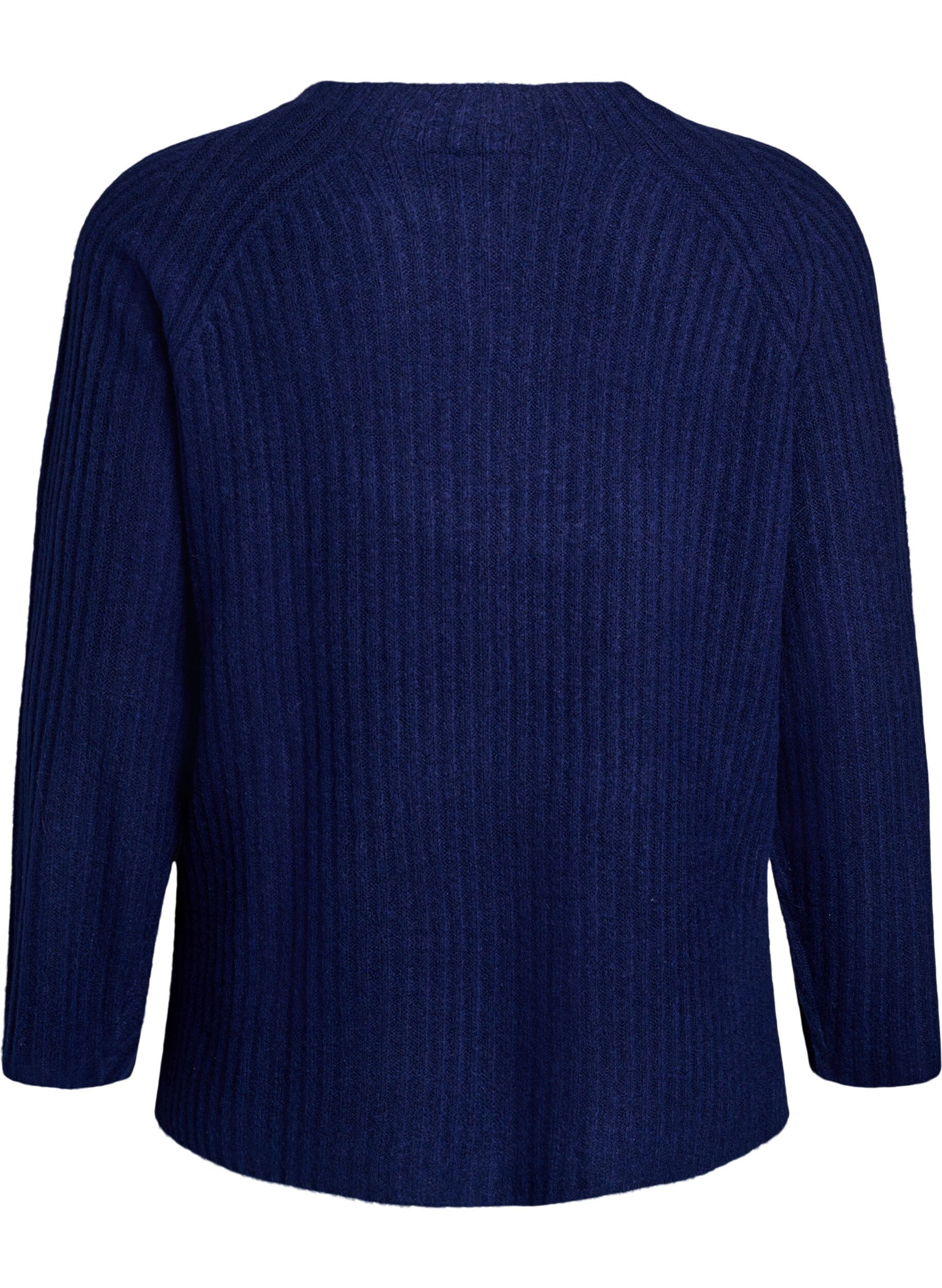 Zizzi Ribstrikket sweater med dekorative knapper, Bl&aring;, Packshot image number 1