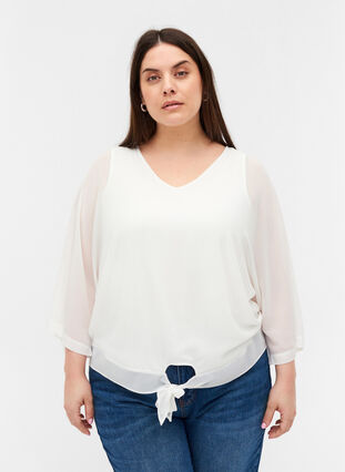 Bluse med 3/4 ærmer og bindedetalje, Snow White, Model image number 0