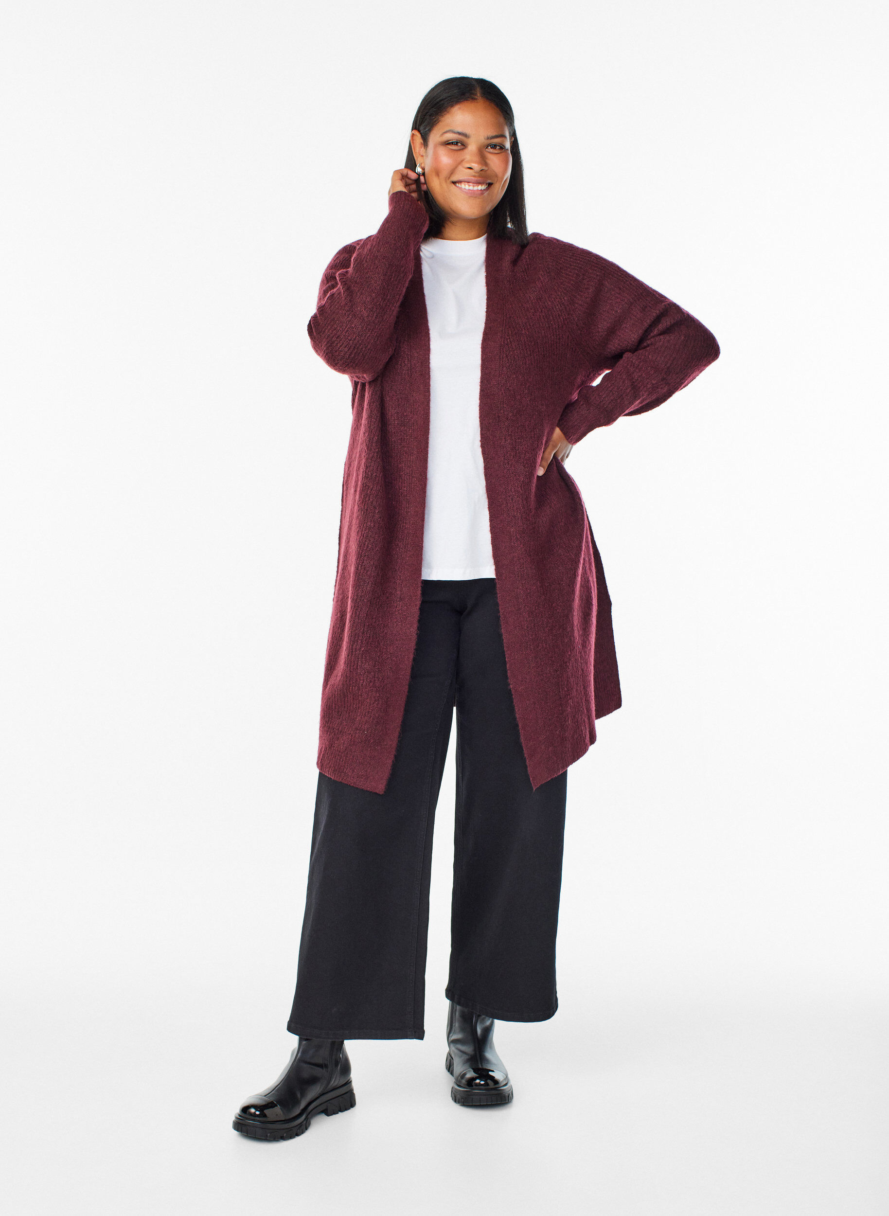 Zizzi Lang ribstrikket cardigan med &aring;ben front, R&oslash;d, Model image number 1