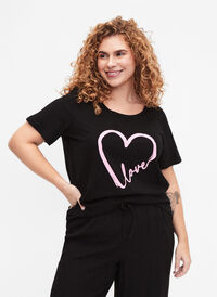 T-shirt i bomuld med print og rund hals , Black W. Heart L., Model