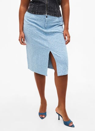 Denim nederdel med slids og pailletter, Light Blue Denim, Model image number 2