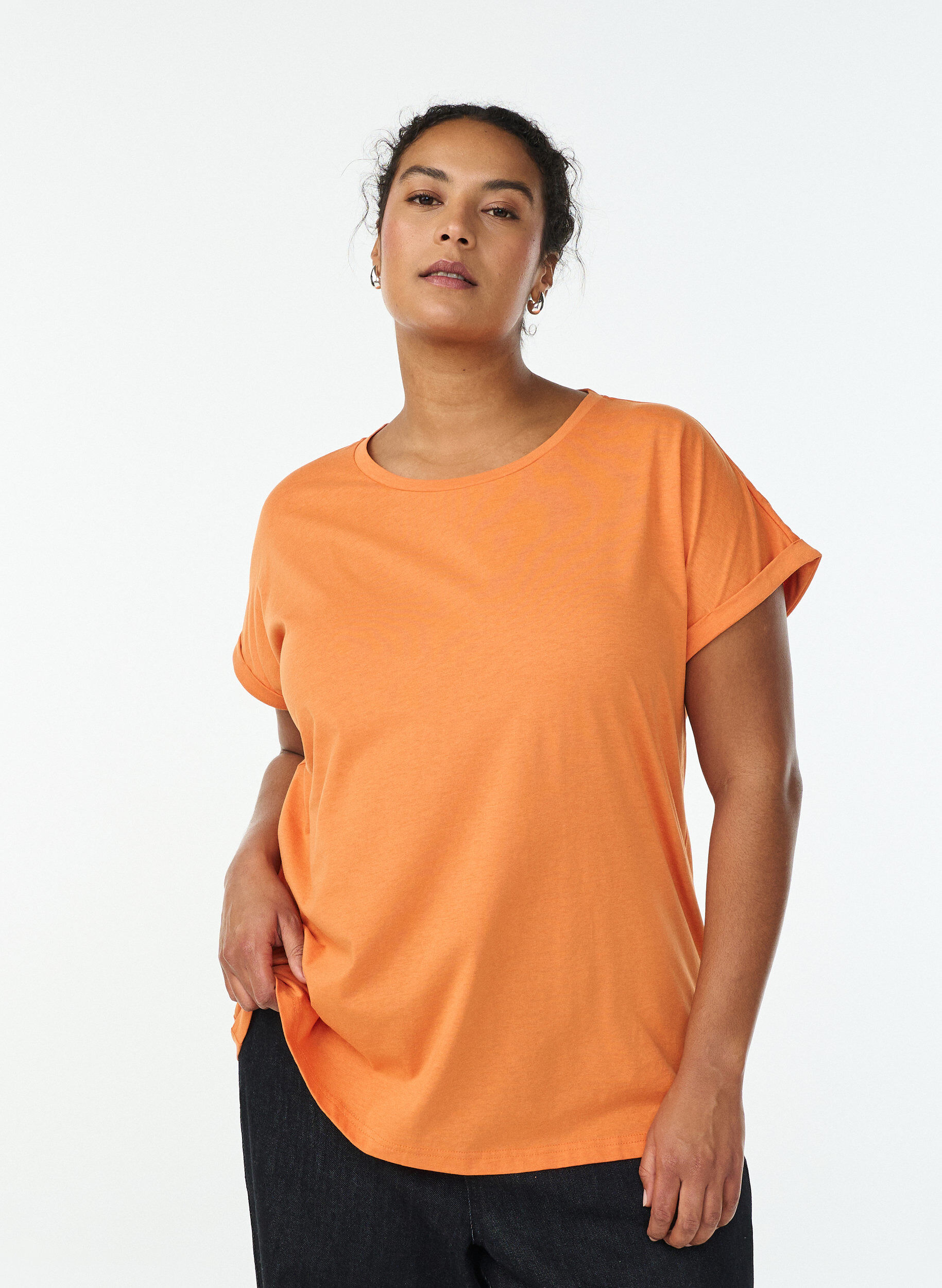 Zizzi Kort&aelig;rmet t-shirt i bomuldsblanding, Orange, Model image number 0