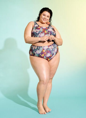 Højtaljet bikini underdel med print, Deep Tropical Print, Image image number 0