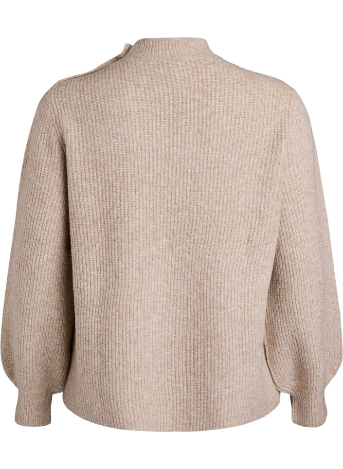 Ribstrikket sweater med ballon&aelig;rmer og knapper, Beige, Packshot image number 1