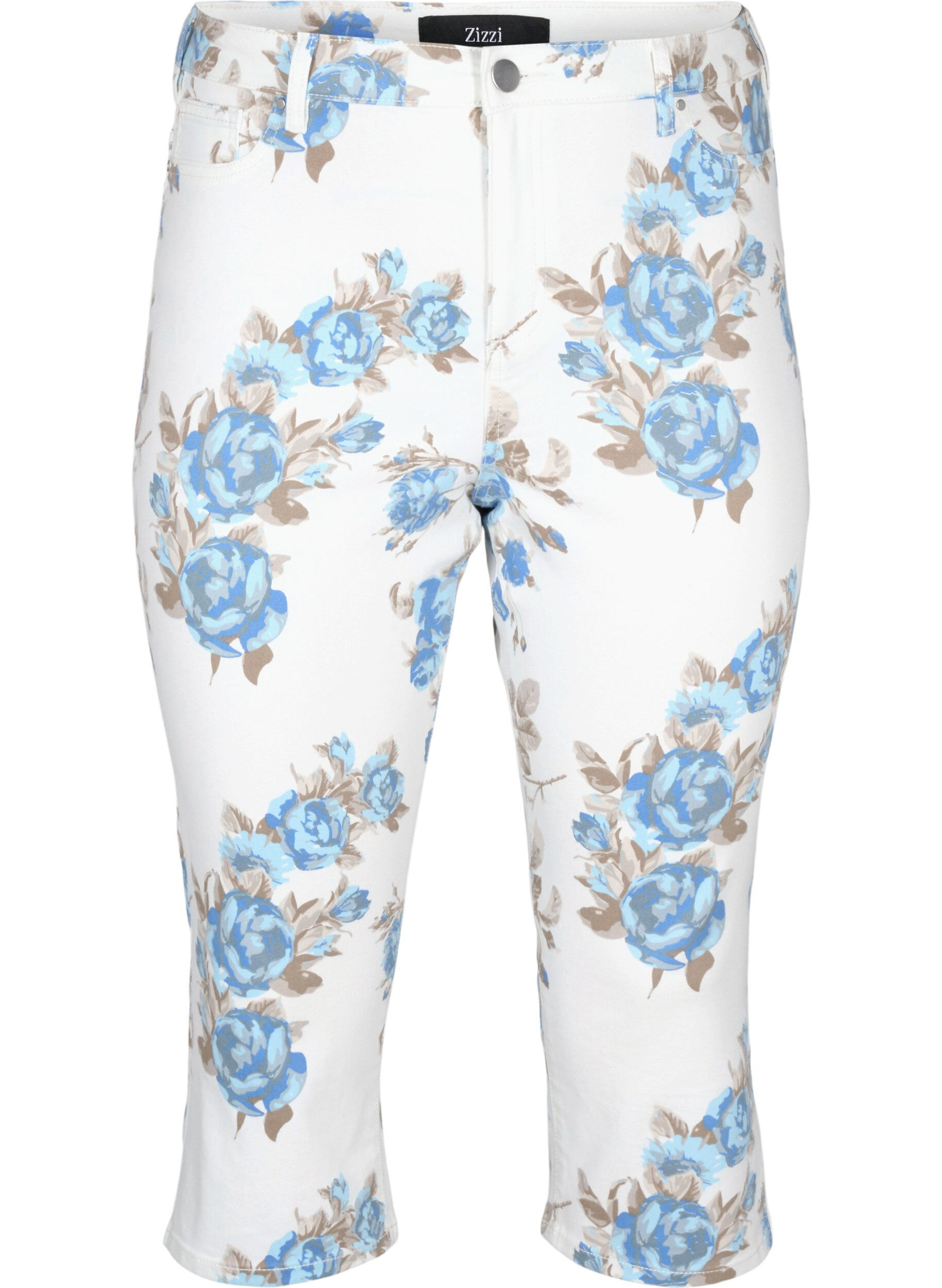 Zizzi Amy capri jeans med blomsterprint og h&oslash;j talje, White B.AOP, Packshot image number 0