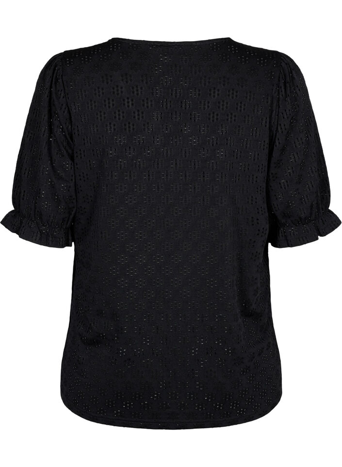 V-hals bluse med hulmønster, Black, Packshot image number 1
