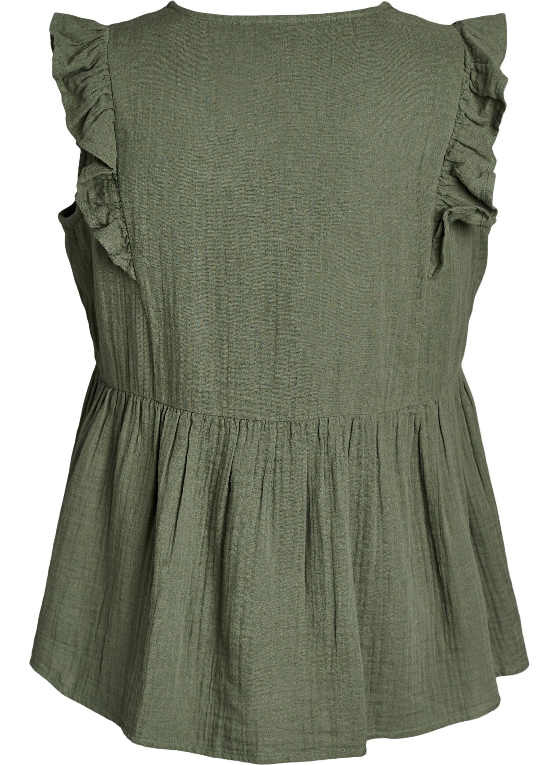 Zizzi&AElig;rmel&oslash;s bluse i bomuldsmusselin med fl&aelig;ser, Gr&oslash;n, Packshot image number 1