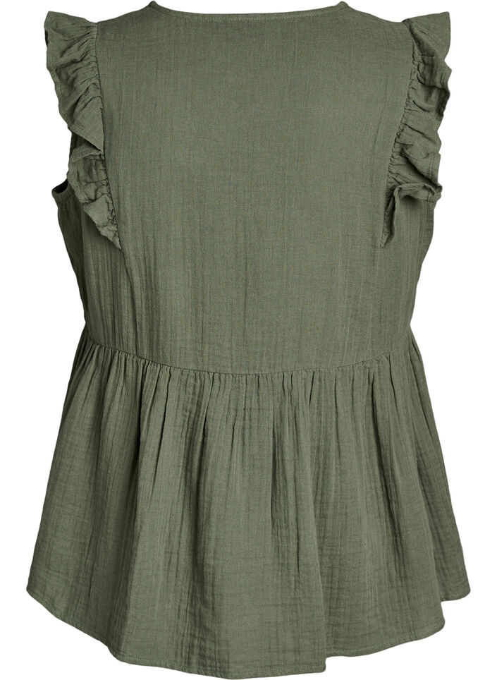 &AElig;rmel&oslash;s bluse i bomuldsmusselin med fl&aelig;ser, Gr&oslash;n, Packshot image number 1