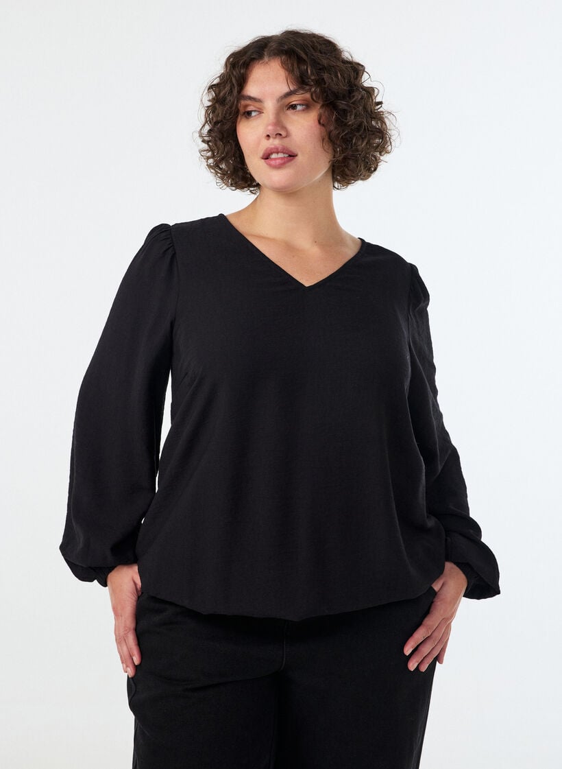 Viskosebluse med V-hals og ballonpasform, Sort, Model image number 0